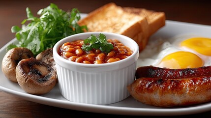 A hearty breakfast includes baked beans topped with a fried egg, sausages, grilled tomatoes, and toasted bread, garnished with greens