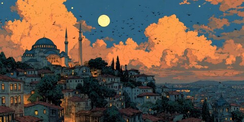 Istanbul cityscape with mosque under full moon at sunset
