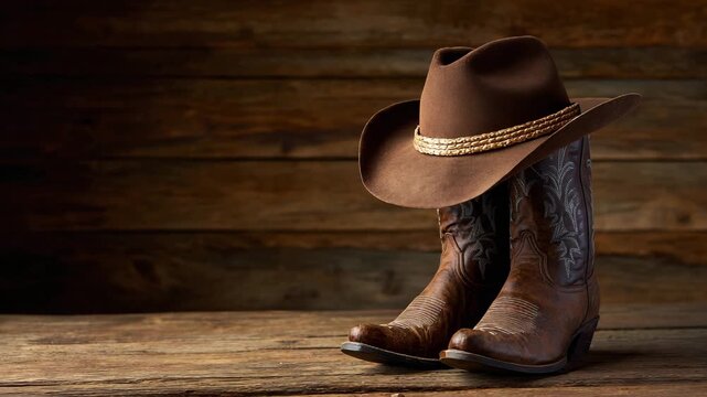 Classic cowboy boots and hat resting on rustic wooden surface in warm lighting