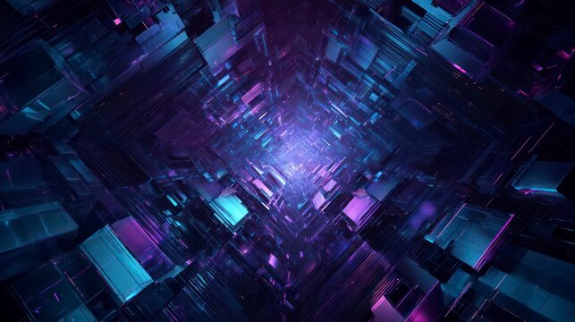 A secure digital fortress concept: abstract glowing geometric network walls protecting a central server core