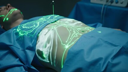 Patient undergoing advanced medical scanning with futuristic green anatomical projections in a hospital setting - Powered by Adobe