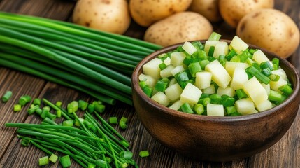 Close-up of diced green onions in a bowl, fresh potatoes and chives arranged on a wooden table, perfect for cooking or garnishing