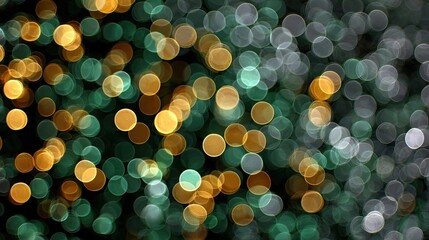 Soft, blurred lights in various shades of green and gold create a warm and inviting ambiance, evoking a sense of wonder and tranquility