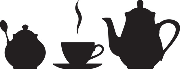 Tea Time Setup Silhouette with Teapot Cup Sugar Jar Saucer and Spoon