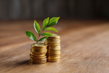 A stack of shiny gold coins with small, realistic green leaves growing out of the top coin, sitting on a polished wooden desk