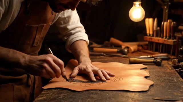 Skilled craftsman meticulously carves intricate designs into a piece of natural leather