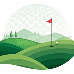 Photo of golf course landscape with rolling green hills, a flag on the green, and a golf ball, symbolizing sport and leisure