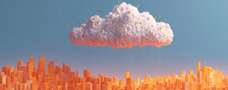 A stylized, friendly-looking cloud made of floating data points and small locks, hovering over a cityscape