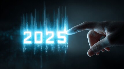 Future forward finger touching glowing 2025 digital interface with futuristic data streams and vibrant blue light