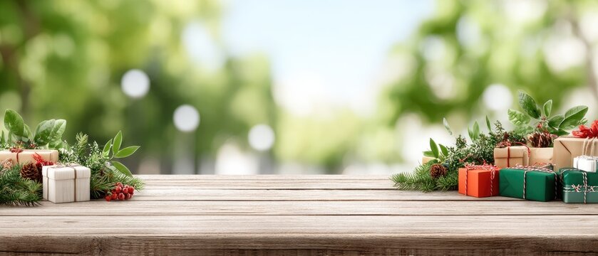 Decorated gifts sit on a wooden table as snow falls in a lively outdoor market filled with warm lights and holiday cheer