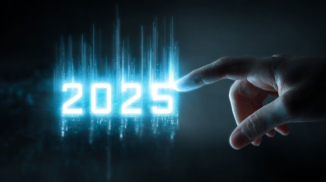 Future forward finger touching glowing 2025 digital interface with futuristic data streams and vibrant blue light