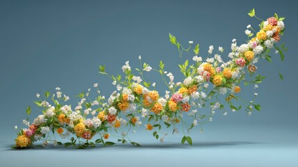 A stylized, vibrant line graph showing a sharp upward trend, with the lines made of small, blooming flowers and fresh green leave