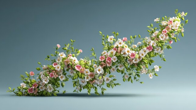 A stylized, vibrant line graph showing a sharp upward trend, with the lines made of small, blooming flowers and fresh green leave