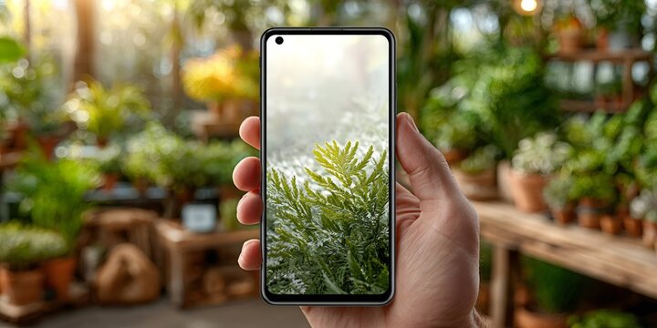 Hand holding smartphone capturing plant in nursery