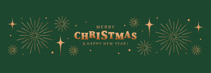 Christmas green banner with gold fireworks and stars. Design template for winter holidays. Xmas vector background for greetings, ads, sale.
