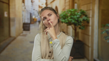 Woman places hand to chin thinking in alley past nose marker with pensive blonde young model posing on street scene in an urban frame.