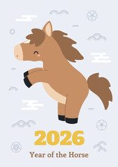 2026 Chinese Lunar New Year cute cartoon horse rearing, clouds, abstract elements, typography. Flat vector illustration. Zodiac sign, animal character. CNY, Seollal, Tet holiday elements, card, banner