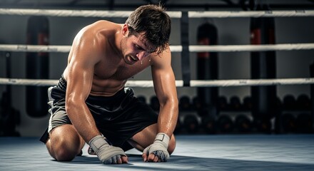 Exhausted boxer kneels in the ring, sweating and catching his breath after a tough workout or match.