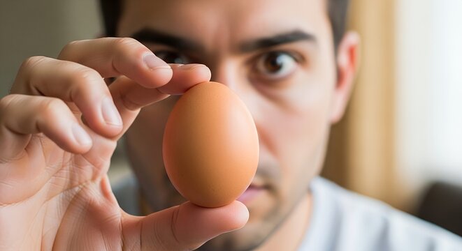 A man intently examines a brown egg, holding it up close with focused gaze.