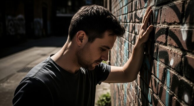 A man leans against a brick wall, appearing deep in thought and contemplation.
