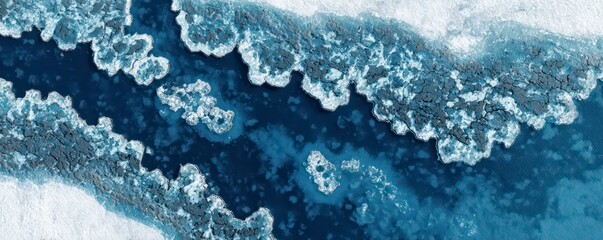 An aerial view of a large, deep blue lake with intricate patterns of fractured, melting ice , revealing patches of open water