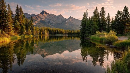 Serene mountain lake at sunrise reflects majestic peaks and lush evergreen forest in golden hour light