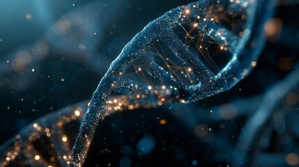 An intricate, glowing DNA helix unraveling, with tiny digital tools interacting with its structure