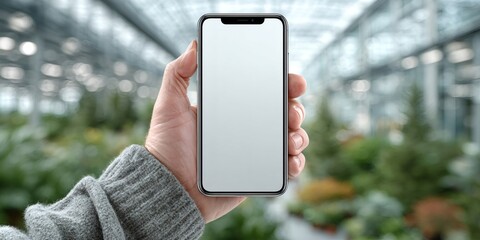 Hand holding smartphone with blank screen in greenhouse