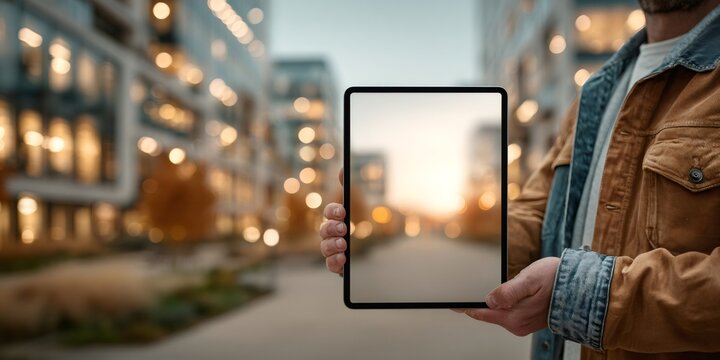 Man holding blank tablet showing smart city background