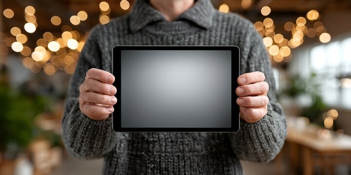 Person holding tablet with blank screen mockup displaying technology