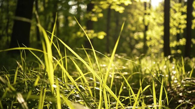 Sunlight filtering through lush green grass in a serene forest setting.