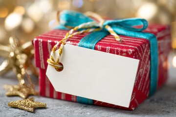  Close-up of a small, elegant gift tag attached with a gold cord to a red and teal striped box, with Happy 2026