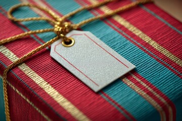  Close-up of a small, elegant gift tag attached with a gold cord to a red and teal striped box, with blank tag