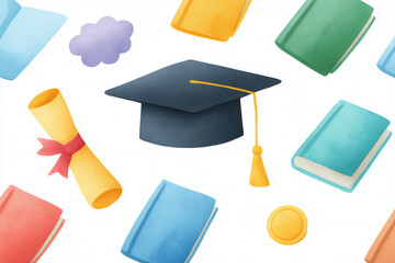 Colorful graduation elements including a cap, diploma, and books arranged in a playful pattern, symbolizing academic achievement and celebration