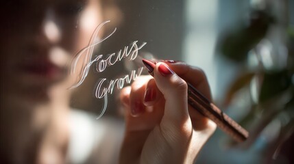  Close-up of a woman's hand writing a motivational quote ( Focus , Grow ) on a mirror with lipstick