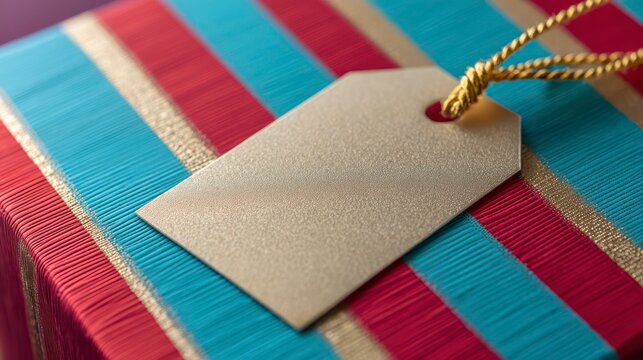  Close-up of a small, elegant gift tag attached with a gold cord to a red and teal striped box, with blank tag - Powered by Adobe