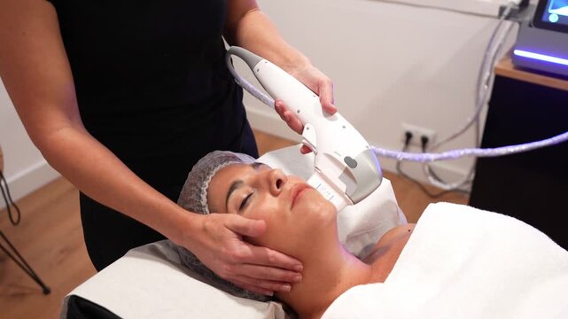 Cosmetologist performing a high intensity focused ultrasound procedure on a female client's face. Non surgical skin tightening treatment