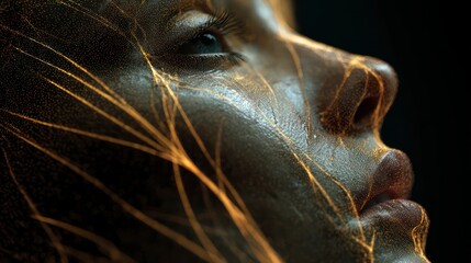  Close-up of a woman's profile with subtle, glowing golden lines overlaid, emphasizing the classic proportions