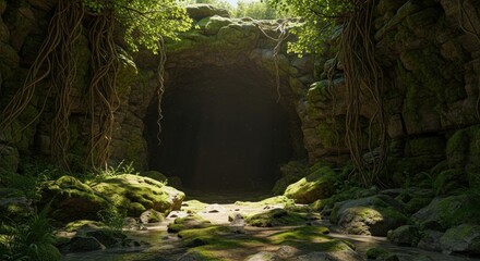 Enchanting Forest Entrance with Mossy Rocks and Sunlight Rays.
