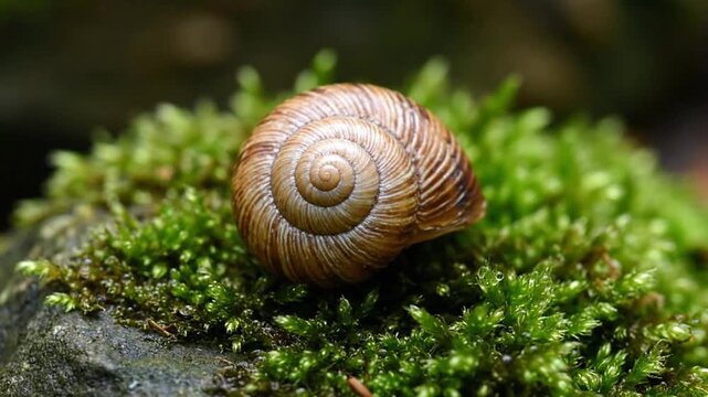 Close-up of a brown snail shell with a spiral pattern resting on green moss