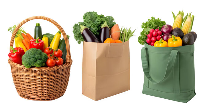 Fresh produce bounty overflowing from basket and bags, vibrant vegetables promoting healthy eating and sustainable lifestyle choices