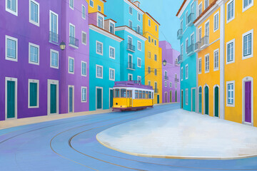 Colorful street scene with vibrant buildings and a vintage tram traveling through a picturesque neighborhood, showcasing urban charm and artistic design