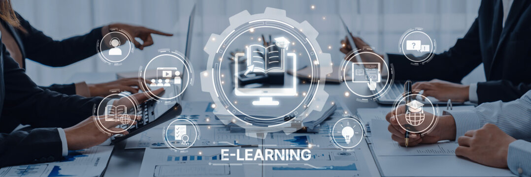 A diverse team engages in e-learning initiatives using technology in a modern office setting, focusing on digital education and collaboration for skill development. Trope - Powered by Adobe