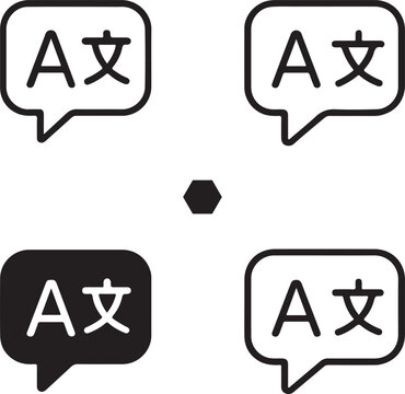 Isolated Language Icons black vector set, translation speech bubble icons, communication digital vector symbols, minimal outline filled thin stroke, multilingual language vector design symbols