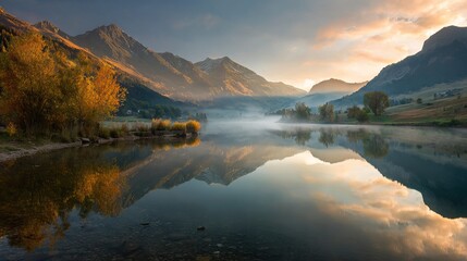 Golden hour illuminates serene alpine lake reflecting majestic mountains amidst autumn foliage and gentle morning mist