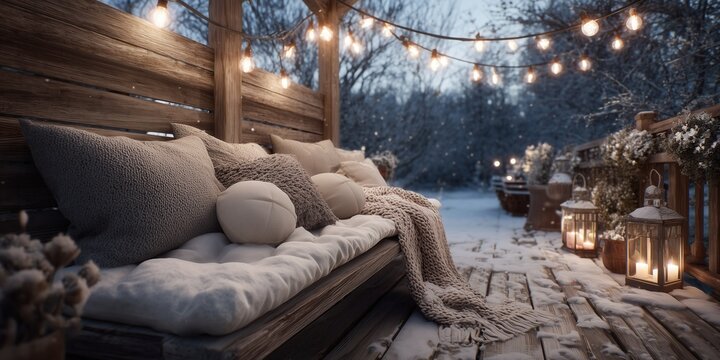 Wooden patio with snow-covered cushions, glowing lanterns and fairy lights in a soft winter twilight. A serene outdoor retreat blending rustic charm and holiday warmth. - Powered by Adobe