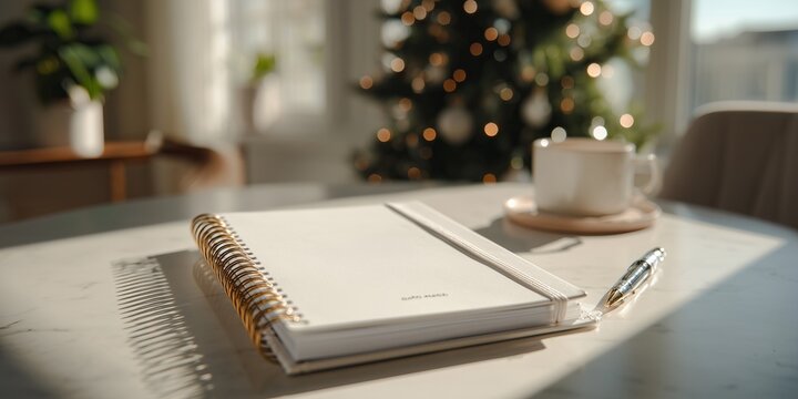 White 2026 planner with black pen rests on sunlit wooden desk near window and blurred festive tree. Fresh start symbolism, hopeful New Year resolutions vibe.