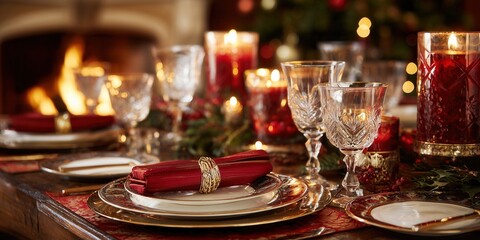 Fototapeta premium Christmas dinner table setting in red and gold tones with candles, fireplace in background, elegant festive atmosphere.