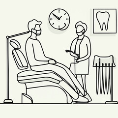 Male patient sitting on dental chair while talking to dentist  