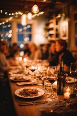 Large group of people gathered around a long festive table in warm restaurant lighting. Celebrating Christmas with friends or coworkers, sharing food, laughter, and connection.